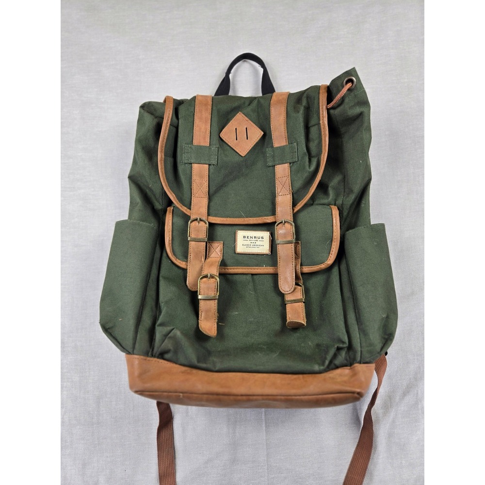 Benrus New York Rucksack Backpack Olive Green Canvas Brown Trim Heritage F716